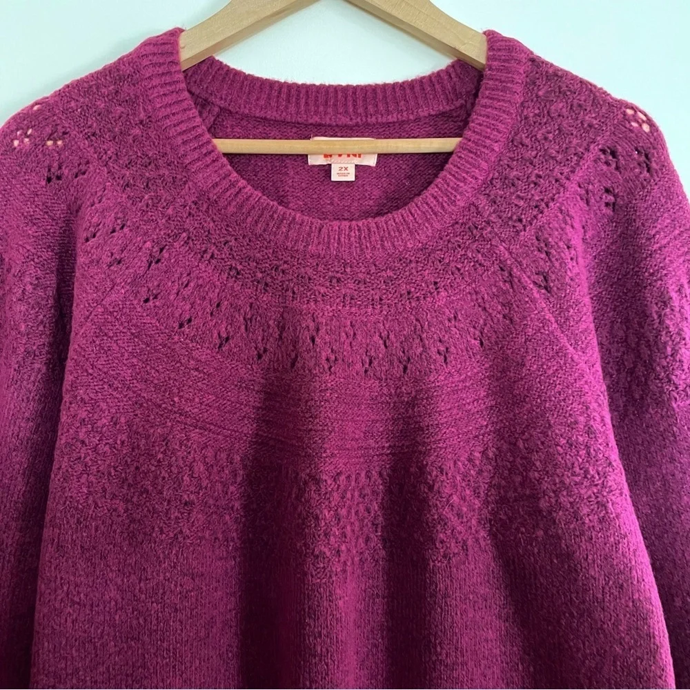 EVRI Purple Pointelle Crew Neck Long Sleeve Cozy Sweater Size 2X